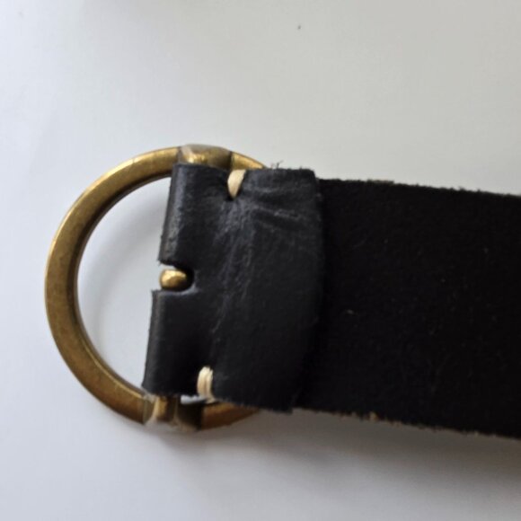 Minimalist Small Wide Black Genuine Leather Belt Brass Buckle Retro Boho - Picture 5 of 8